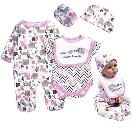 Reborn Baby Girl Doll Clothes 22 inch Newborn Outfits Accesories Elephant 5 Piece Set for 20-22 inch Reborn Doll Matching Clothing