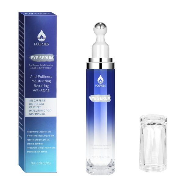 Poeroes Eye Serum with 8% Caffeine 8% Retinol Hyaluronic Acid Niacinamide peptides for Puffy Eye Bags Fine Lines Dark Circles Wrinkles, Under Eye Cream with 360° Eye Roller Massage Ball, 0.5 fl. oz