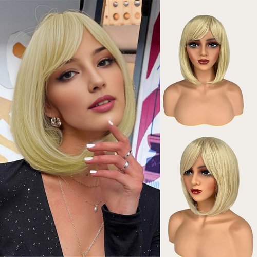 FARRUIS Light Blonde Bob Wig for Women 12 Inch Short Light Blonde Straight Bob Wigs with Bangs for Women Short Hair Wig Synthetic Wig for Cosplay, Daily, Halloween