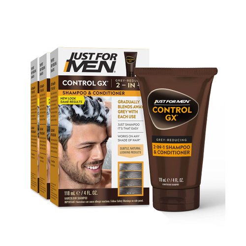 Just For Men Control GX Grey Reducing 2-in-1 Shampoo and Conditioner, Gradual Hair Color for Stronger and Healthier Hair, 4 Fl Oz - Pack of 3 (Packaging May Vary)
