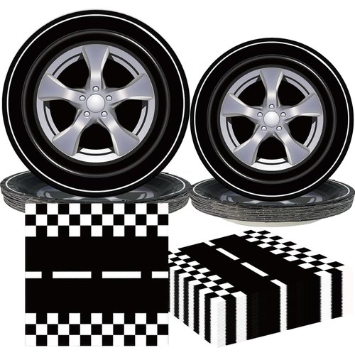 PGSWEER 72pcs Cars Birthday Party Tableware Sets Wheels Track Plates Napkins Race Car Paper Plates Dinnerware For Boys Kids Baby Shower Decorations Severs 24 Guests