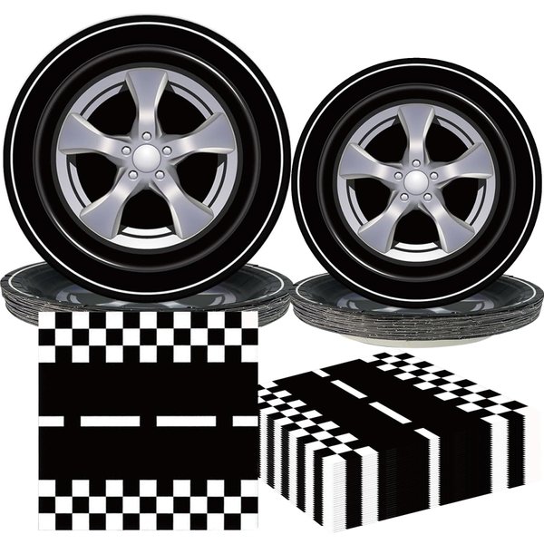 PGSWEER 72pcs Cars Birthday Party Tableware Sets Wheels Track Plates Napkins Race Car Paper Plates Dinnerware For Boys Kids Baby Shower Decorations Severs 24 Guests