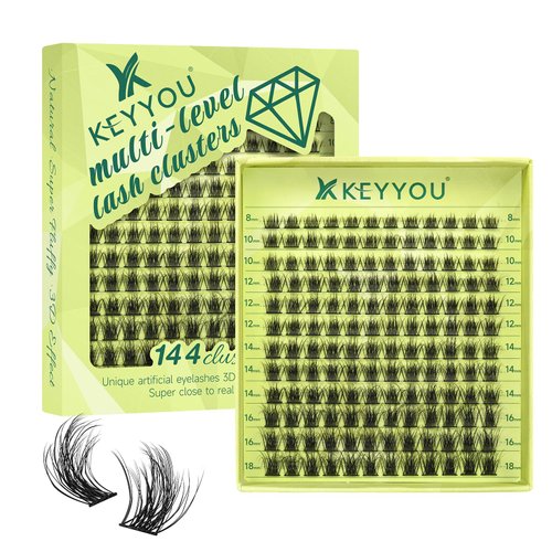 Lash Clusters 3D Effect Eyelash Clusters KEYYOU 144pcs D Curl 8-18MIX Wispy Lashes Fluffy Cluster Lashes Natural Soft DIY Lash Extension(Radiance-D-MIX)