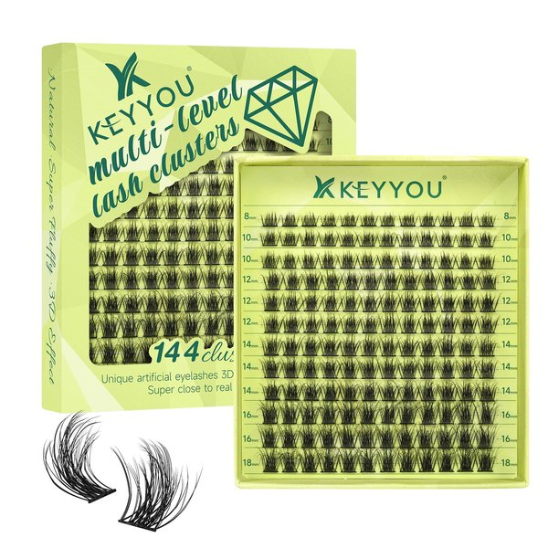 Lash Clusters 3D Effect Eyelash Clusters KEYYOU 144pcs D Curl 8-18MIX Wispy Lashes Fluffy Cluster Lashes Natural Soft DIY Lash Extension(Radiance-D-MIX)