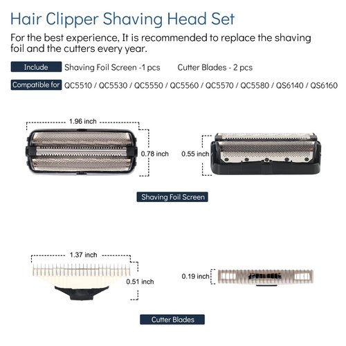 Foil Screen& Shaver Head Cutter Blades Replacement Compatible with Philips QC5550 QC5580 QC5570 QC5510 QC5530 QC5560 Hair Cilppers Comb Parts, Trimmer Shaving head Replacement for QS6140 QS6160