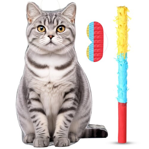 Sotiff Cat Piñata Cat Party Piñata Set Include Cat Theme Piñata with Bat Stick Blindfold Mask Cat Birthday Decoration for Cat Theme Birthday Pet Party Piñata Decoration Supplies, 16.1x10.1x 2.8 Inch