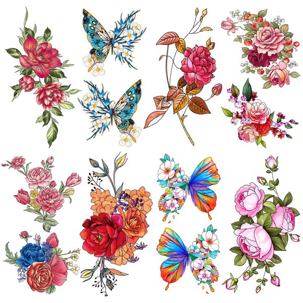 Oottati 8 Sheets Small Cute Hand Arm Temporary Tattoo Stickers Hand Painting Colorful Red Flower Blue Butterfly