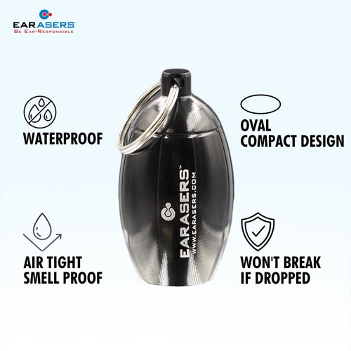 EARasers Earplugs Keychain Carrying Case - Aluminum Waterproof Ear Plugs and Pills Holder (Black)