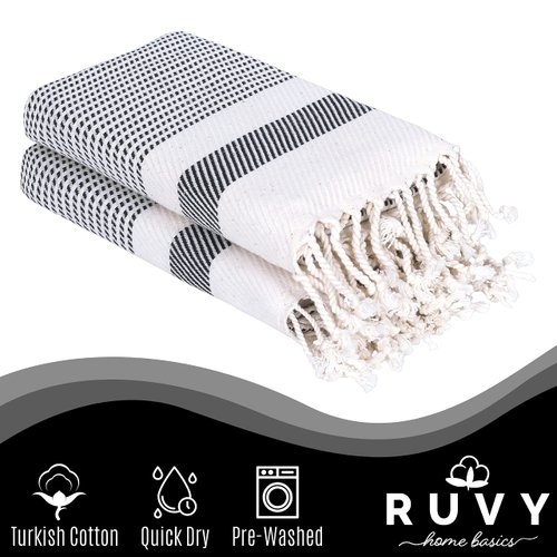 Ruvy Home Basics Turkish Hand Towels for Bathroom Set of 2 | 18"x40", Cotton | Bathroom & Decorative Hand Towels for Kitchen Dishcloth, Tea, Yoga, Face, Gym - Black