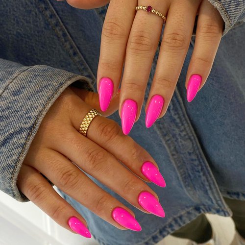 KXAMELIE 48 PCS Medium Press on Nails Almond Shape,Hot Pink Color Full Cover Stiletto Fake Nails For Girls,Glue on Acrylic Nails Medium Length,Thin Press on False Nails,Short Almond Nails Set