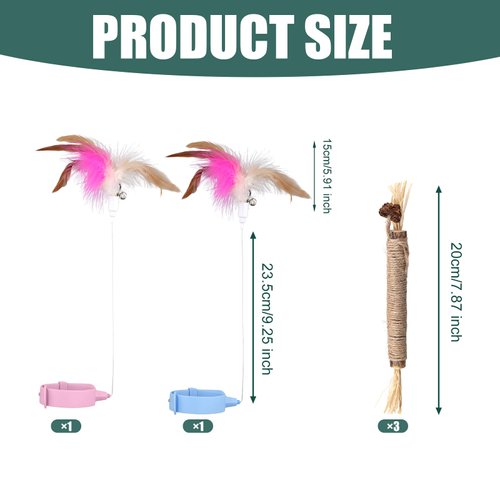 PEUTIER 2pcs Silicone Collar Cat Toys & 3pcs Cat Teasing Wands, Adjustable Cat Wand Toy Cat Feather Toys Catnip Chew Toys Silvervine Sticks Interactive Cat Teaser Toys for Indoor Cat Kitten Exercise