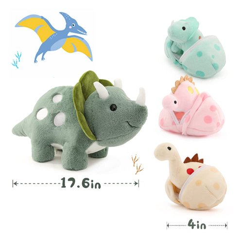Karister 17.6in Plush Dinosaur Stuffed Animals,A Mommy Dinosaur with 3 Baby Dinosaurs,Triceratops, Tyrannosaurus Rex and Diplodocus.
