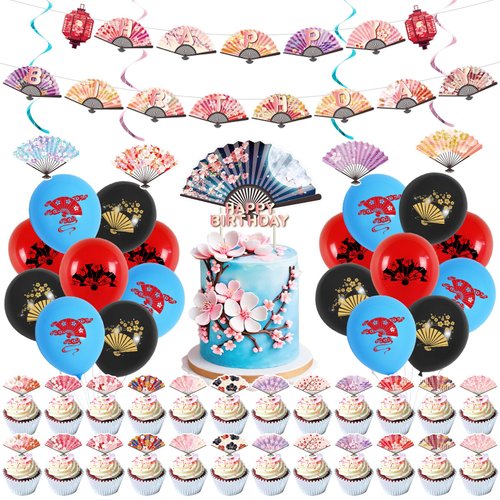 ADIANZI Japanese Folding Fans Birthday Party Decorations Chinese Birthday Banner Cake Topper Hanging Swirls Balloons Cupcake Toppers Asian Birthday Party Decorations Japanese Birthday Party Supplies