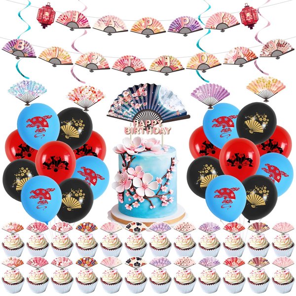 ADIANZI Japanese Folding Fans Birthday Party Decorations Chinese Birthday Banner Cake Topper Hanging Swirls Balloons Cupcake Toppers Asian Birthday Party Decorations Japanese Birthday Party Supplies