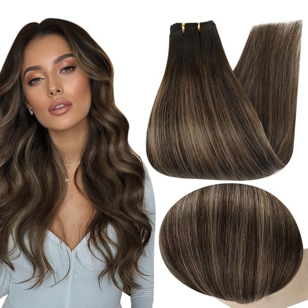 Full Shine Weft Hair Extensions Human Hair Full Head Balayage Sew in Hair Extensions Real Human Hair Weft Hair Pieces Color 2 Dark Brown Fading to 8 Brown Highlight 2 Long Straight Hair 18In 105G