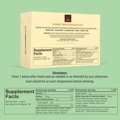 Reflux Gourmet Tropical Soothe Gum Alginate Therapy Sodium Bicarbonate Gum for Acid Reflux, Oral, Cognitive, and Digestive Support, Natural with Ginger, Celeriac, Aloe, Sugar Free, Gluten Free, Vegan