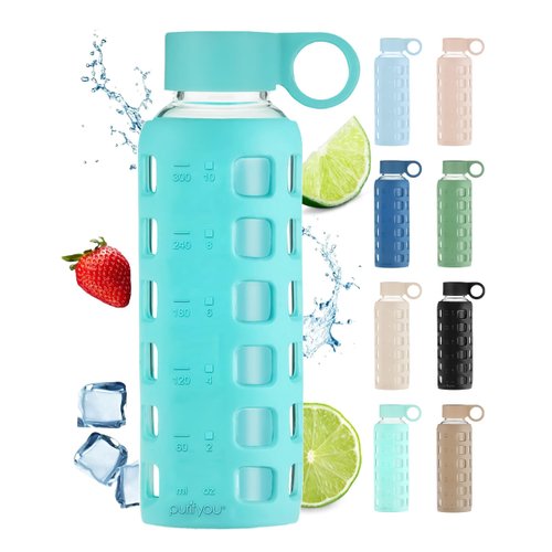 purifyou Premium 40/32 / 22/12 oz Glass Water Bottles with Times to Drink and Volume, Silicone Sleeve & Stainless Steel Lid Insert, Reusable for Fridge Water, Milk, Fruit Juice (Aqua Blue, 22 oz)