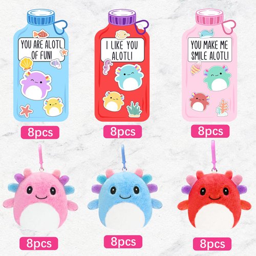 ORIENTAL CHERRY Valentines Day Gifts for Kids - 24 Pack Axolotl Plush Toys Keychains with Valentine Gifts Cards for Boys Girls Toddlers Friends Classroom School Exchange Party Favors