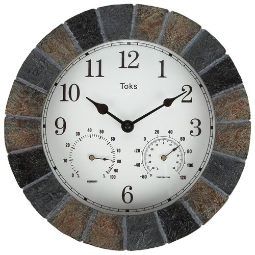 Lily's Home Hanging Wall Clock, includes a Thermometer and Hygrometer and is Ideal for Indoor and Outdoor Use, Faux-Slate (10 Inches)