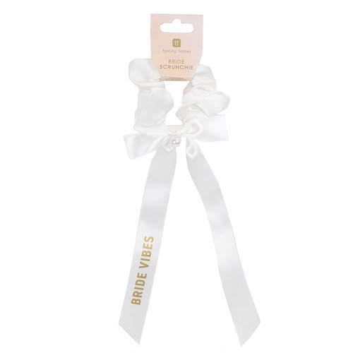 Reusable Elegant Bridal White Hair Scrunchie: Hen Party headpiece accessory for the bride with bow with faux pearl | for Parties and Bridal Showers | Recyclable Packaging | Made by Talking Tables UK