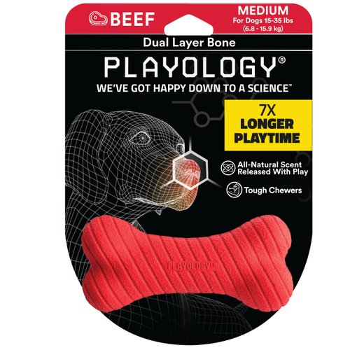 Playology Dual Layer Bone | Engaging All Natural Beef Scented Dog Toy, Red Bone for Medium Dogs up to 50lbs | Interactive & Durable for Tough Chewers