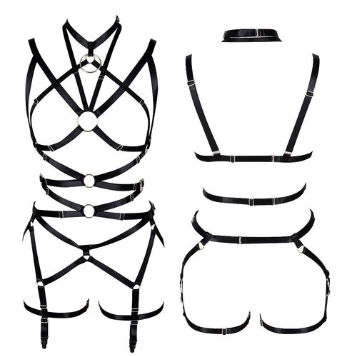 PETMHS Women's Punk Cut Out Harness Body Full Strappy Lingerie Waist Garter Belts Set Elasticity Bralette Goth EDC Halloween Club Party Dance Rave Wear (Black)
