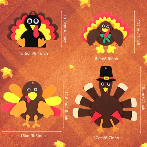 MTLEE 12 Sets Thanksgiving Turkey Craft Kits, Foam Turkey Necklace Craft Kit, DIY Turkey Necklace Thanksgiving Crafts for Kids Halloween Thanksgiving Party Favors Holiday Activities, 4 Styles