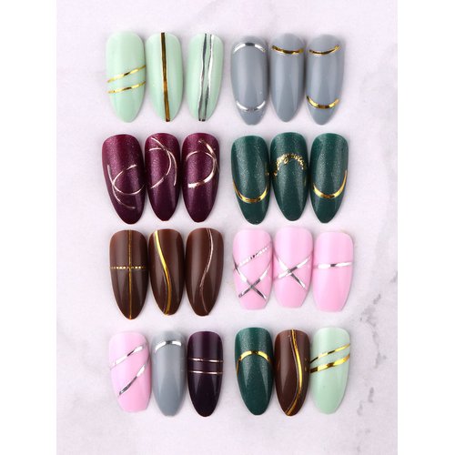 EBANKU 12 Sheets Gold Silver Metal Nail Stickers, Metallic Curve Strip Line Nail Decal Self-Adhesive 3D Wave Design DIY Decoration for Women Girls