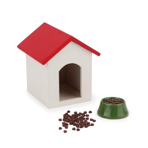 Miniature Dog House, Dog Bowl,Dog Food 3PCS Pets Playset 1:12 Scale Dollhouse Furniture Accessories Wooden Pet House Set Garden Scene Decoration Ornaments (Red)
