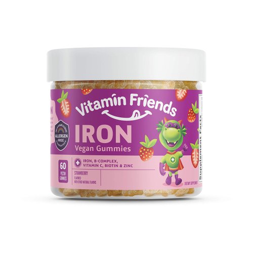 Vitamin Friends - Vegan Multivitamin & Iron for Kids - Daily Nutritional Support Gummies w/Ferrous Fumarate B-Complex, Vitamin C, Zinc, Biotin - Body Function & Anemia - Strawberry, (60 Day Supply)