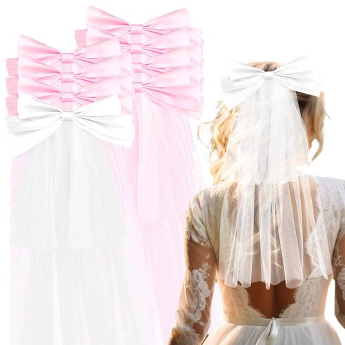 CIEHER 8 Pack White &amp; Pink Bow Veil for Bachelorette Party Favors, Bachelorette Veil for Bride Br...
