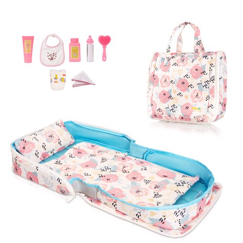 HappyVk - Baby Doll Bed - Portable Doll Bassinet - for Baby Dolls up to 21 inches - Handbag for Girl - Baby Doll Set - Pink Roses