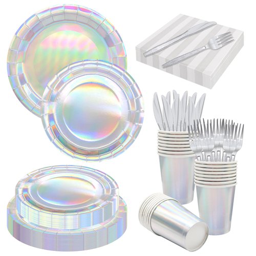 144 PCS Iridescent Party Supplies Decorations Birthday Holographic Party Paper Plates Cups Napkins Forks Spoons for Baby Shower Disco Wedding Themed bachelorette Party Serve 24