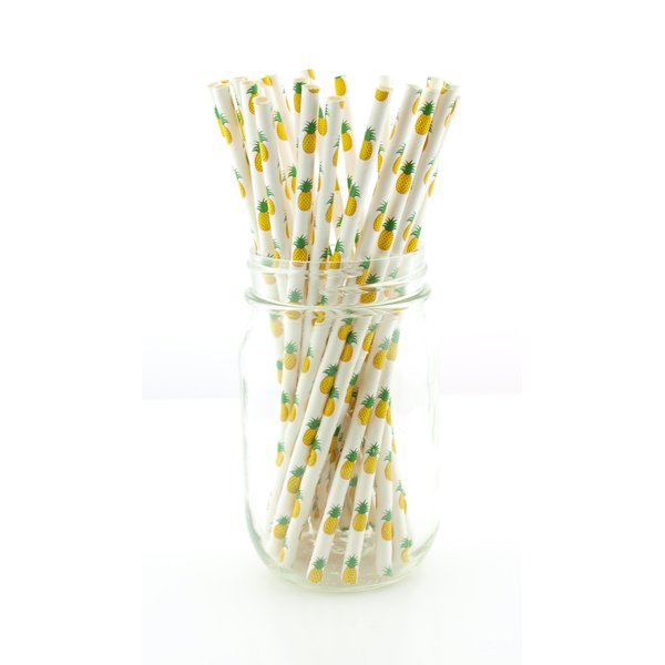 Pineapple Straws (25 Pack) - Beach Party Supplies, Summer Fruit Paper Straws, Tropical Pool Party Decorations, Straws with Pineapples, Picnics, BBQs