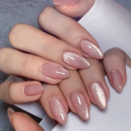 Almond Press on Nails Medium Fake Nails Pink False Nails with Design Glitter Glue on Nails Glossy Acrylic Nails Full Cover Stick on Nails Shiny Artificial Nails for Women Manicure 24Pcs