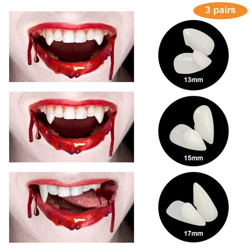 BROUYOUE 3 Pairs Vampire Teeth Fangs with Adhesive,Halloween Party Costume Cosplay Props White Horror False Teeth Party Favors Dress Up Accessories