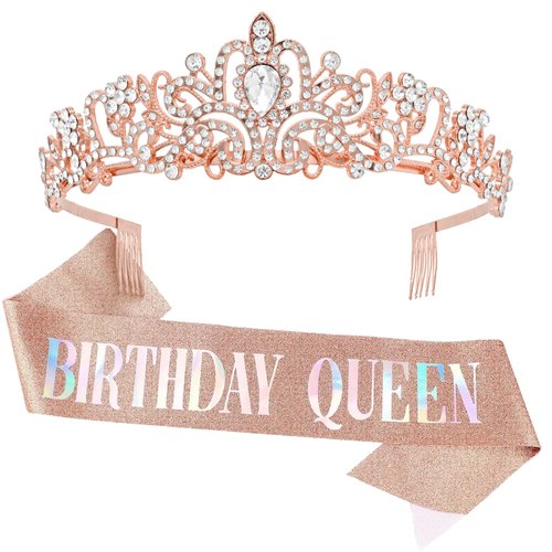 KatchOn, Rose Gold Happy Birthday Sash and Tiara - Silver Rhinestone Tiara Set | Birthday Crown and Sash for Women | Glitter Crystal Hair Accessory for Queen's Birthday | Women Birthday Decoration