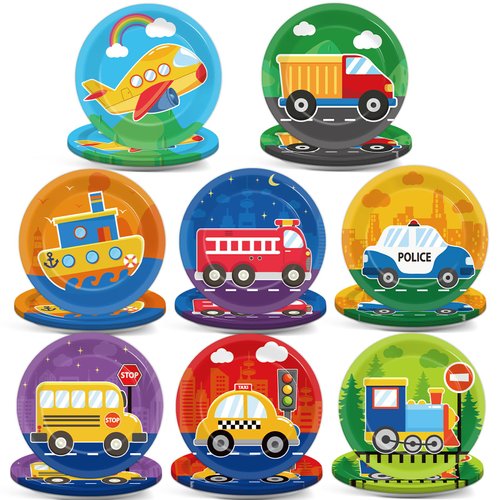 Yiaoyinnz 48PCS Transportation Tableware Decorations Transportation Birthday 7 Inch Paper Plates Car Train Airplane Dessert Plates Traffic Dinnerware for Boys Kids Baby Shower Party Supplies Favors