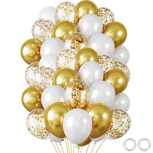 60pcs 12 Inches White Gold Balloon Kit, Metallic Chrome Gold and Confetti Balloons for Birthday Wedding Engagement Bridal Shower Decorations