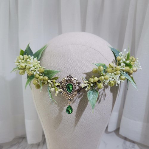 Bubbmi Green Flower Wreath Fairy Costume Headband with Pendant, Woodland Elf Cosplay Outdoor Wedding Bridal Headpiece for Women Girls(ZM01GREEN)