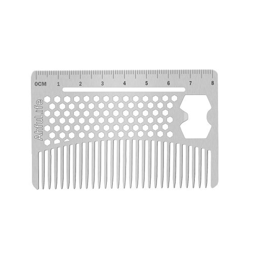 AhfuLife Stainless Steel Metal Hair&Beard Comb - Anti-Static Dual Action Beard Comb - Credit Card Size Comb Perfect for Wallet and Pocket - Presented in Gift Box (Multifunctional Metal Comb)
