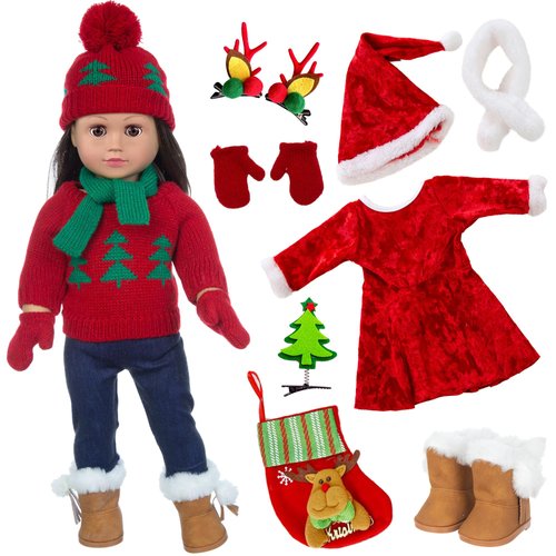 ebuddy Doll Clothes and Accessories Christmas Santa Costume Set Including Xmas Tree Sweater Set for 17 inch Baby Dolls,Most 18 Inch Dolls(No Doll)