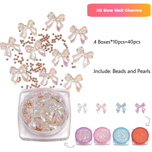 3D Bow Nail Charms 40 Pieces Colorful Aurora Butterfly Bowknot Nail Accessories with Pearls and Caviar Beads for DIY Acrylic Nail Art Decorative Supplies