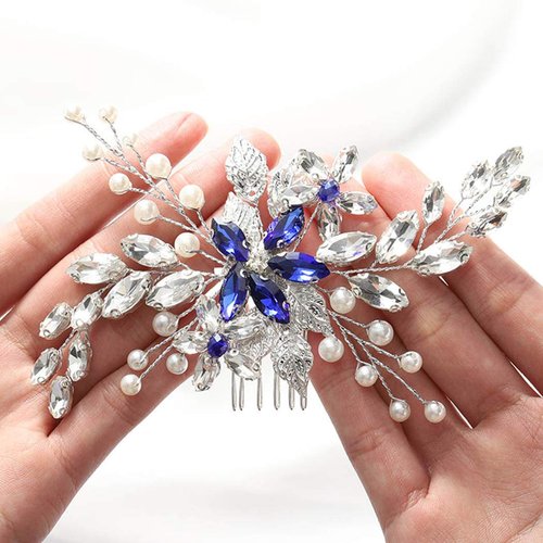 Metisee Crystal Wedding Hair Comb Blue Bridal Hair Accessories Silver Flower Headpiece for Brides and Bridesmaids