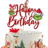 1 PCS Grinch Happy Birthday Cake Topper Assembled Red Glitter Christmas Dog Merry Grinchmas Cake Pick Decorations for Christmas Theme Baby Shower Kids Birthday Party Cake Decorations Supplies