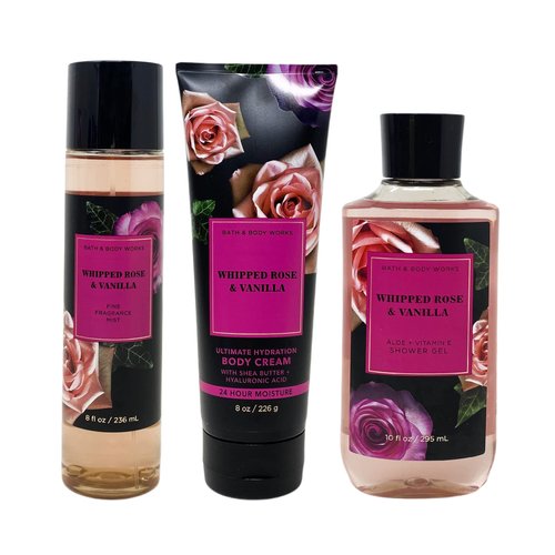 Bath and Body Whipped Rose & Vanilla 3 Piece Bundle - Body Cream - Fragrance Mist - Shower Gel