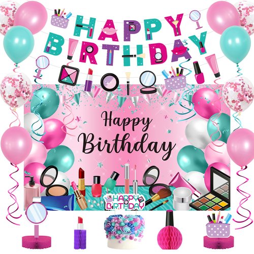 Roetyce Makeup Birthday Party Decorations, 46PCS Makeup Happy Birthday Banner Balloons Hanging Swirl Honeycomb Cake Topper Kit, Spa Themed Birthday Decorations for Girls, Pink Birthday Party Supplies
