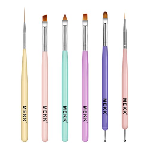 MEKK Nail Art Brush, 6Pcs Multicolor Nail Art Brushes with French Tip Brush Builder Gel Brush Nail Liner Brush and Nail Dotting Tools for Salons & Home DIY