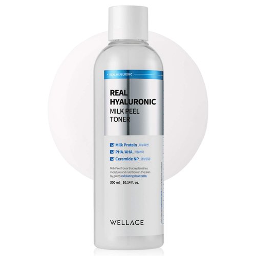 WELLAGE Real Hyaluronic Milk Peel Toner 300ml (10.1 Fl.Oz), Sensitive Skin Toner with Hyaluronic Acid, Dead Skin Softening and Waste Removal, Moisturizing Face Exfoliator with PHA and AHA