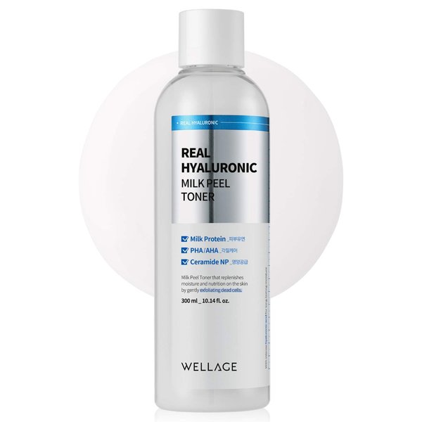 WELLAGE Real Hyaluronic Milk Peel Toner 300ml (10.1 Fl.Oz), Sensitive Skin Toner with Hyaluronic Acid, Dead Skin Softening and Waste Removal, Moisturizing Face Exfoliator with PHA and AHA
